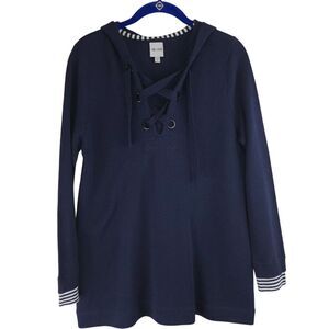 Nic+Zoe Women Sweater Hoodie Linen Small‎ Navy White Active Nautical Stripes